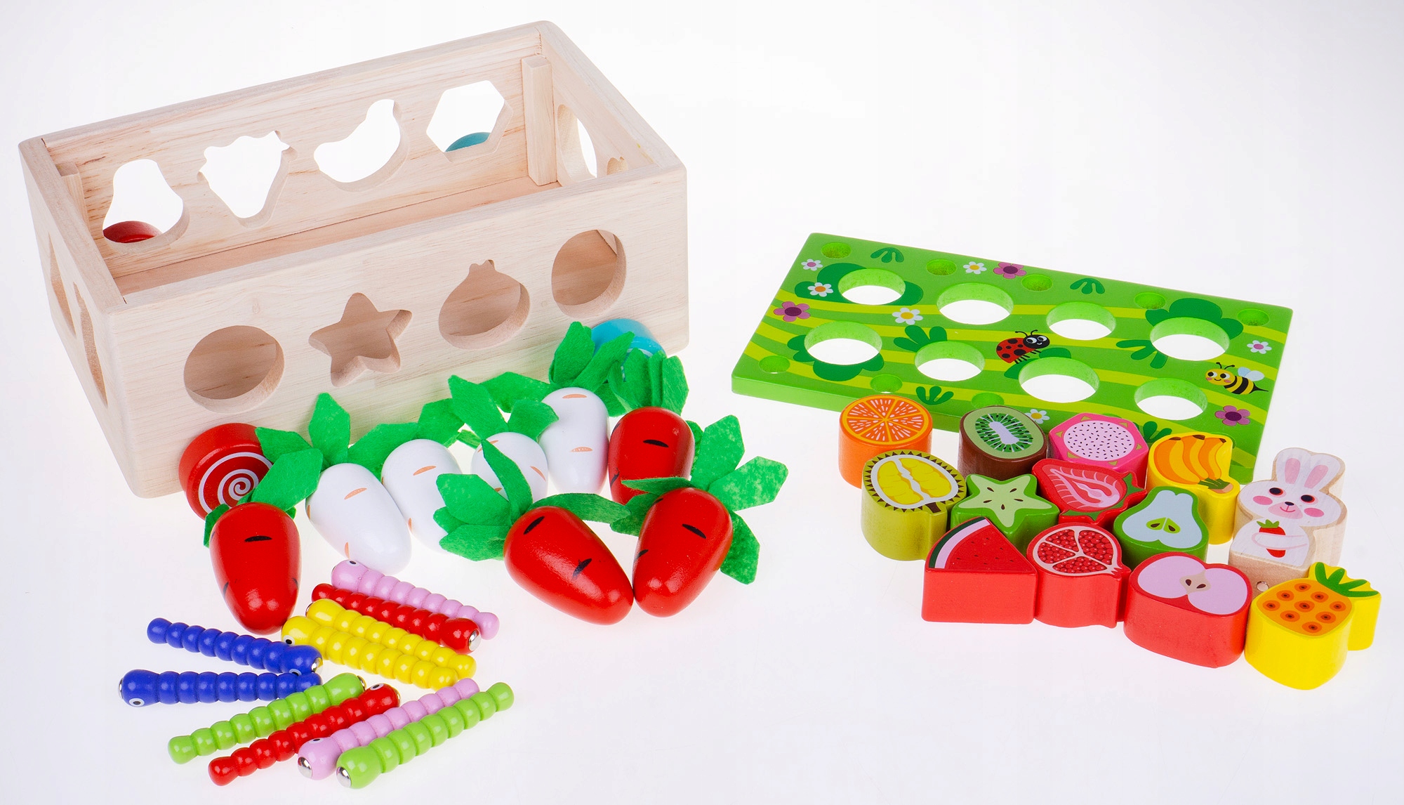 SORTER DREWNIANY EDUKACYJNY 33 EL ROBACZKI MAGNETYCZNE MARCHEWKI OWOCE Wysokość produktu 9 cm