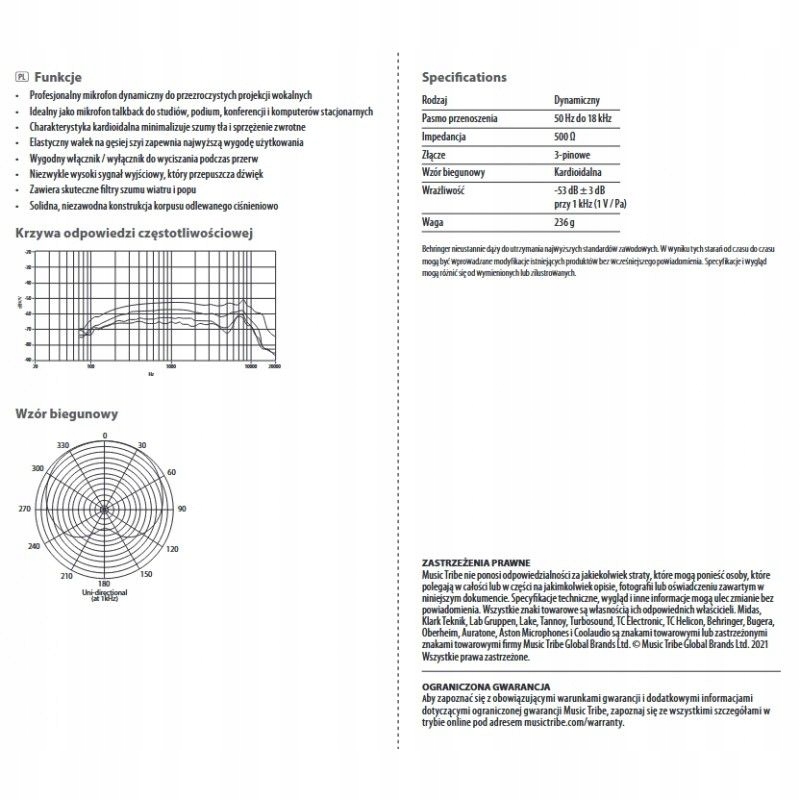 Profesjonalny dynamiczny mikrofon Behringer TA 312S Model TA 312S