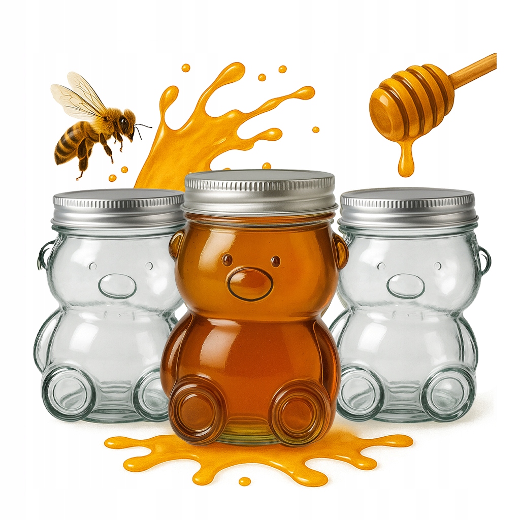 12 x Sklenice Na Med Medvídek 300 ml Skleněná Sklenice Se Šroubovacím Uzávěrem Na Koření Džem