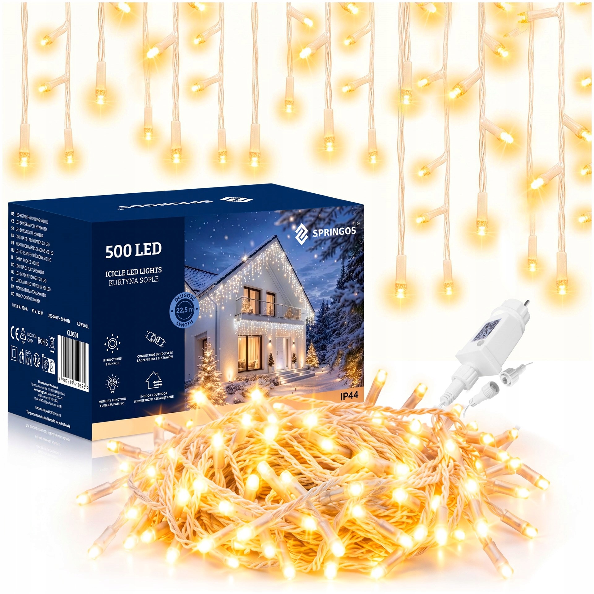 Světelné Řetězy Rampouchy Venkovní Vánoční 1500 Led Funkce Závěs 67m Teplá Bílá