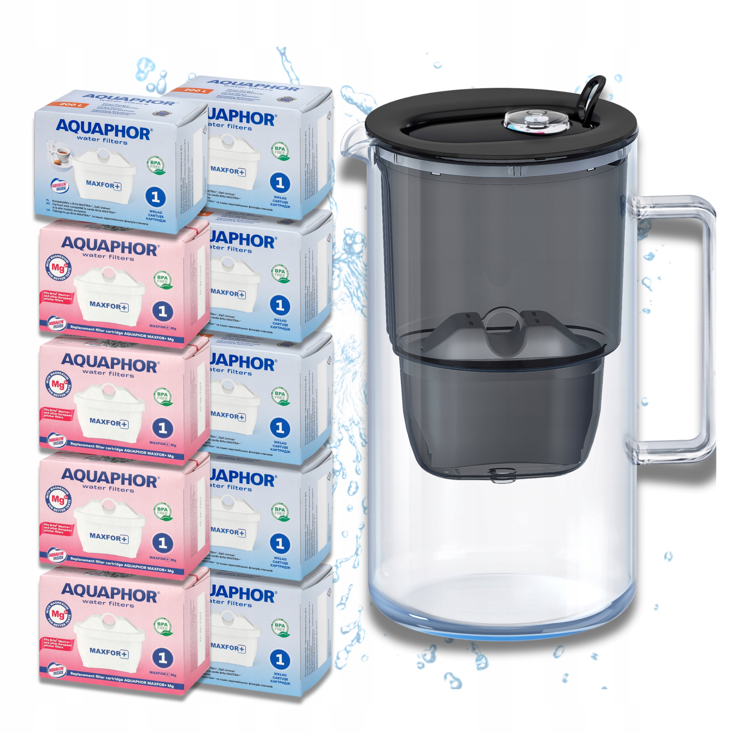 Filtrační konvice skleněná Aquaphor Glass černá 10 filtrů Maxfor (4Mg+6)