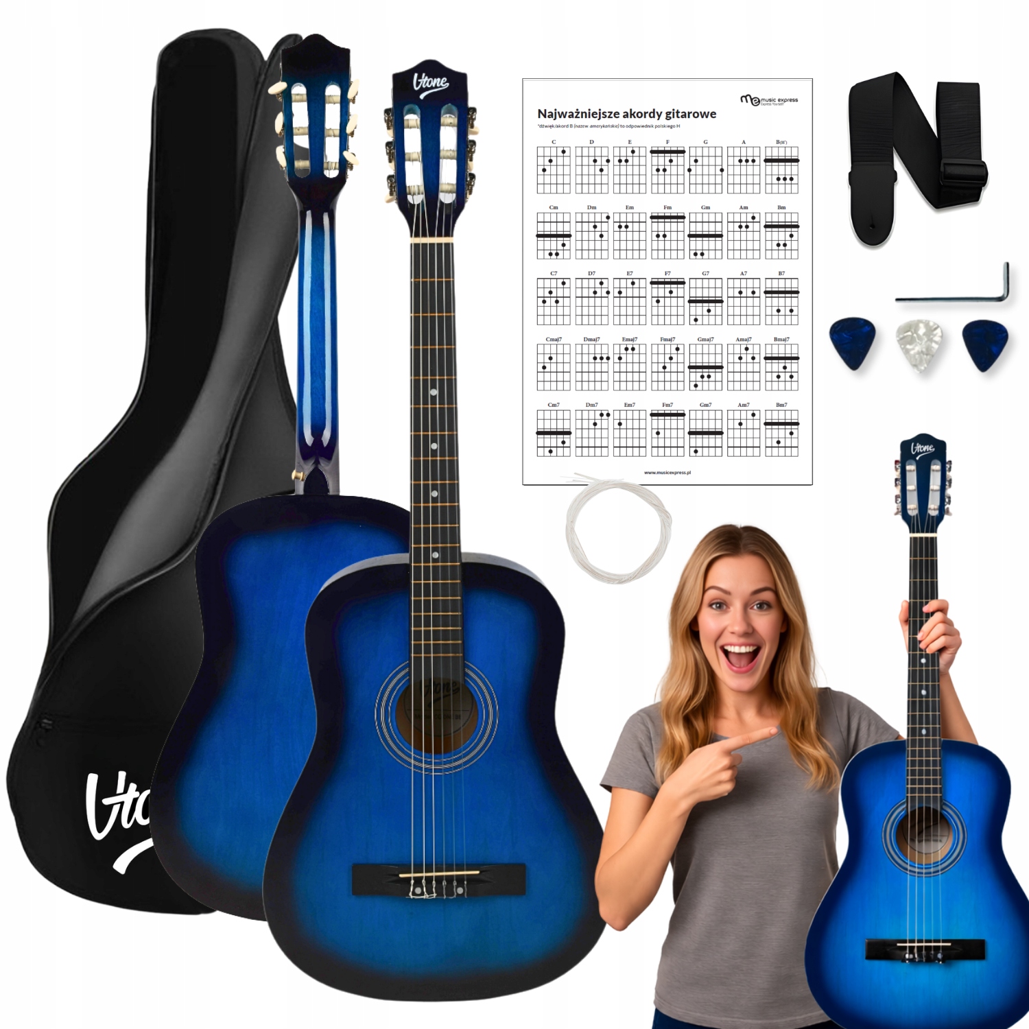 Kytara Klasická Akustická 4/4 Pro Výuku Hry Pouzdro Pásek Kostky Struny
