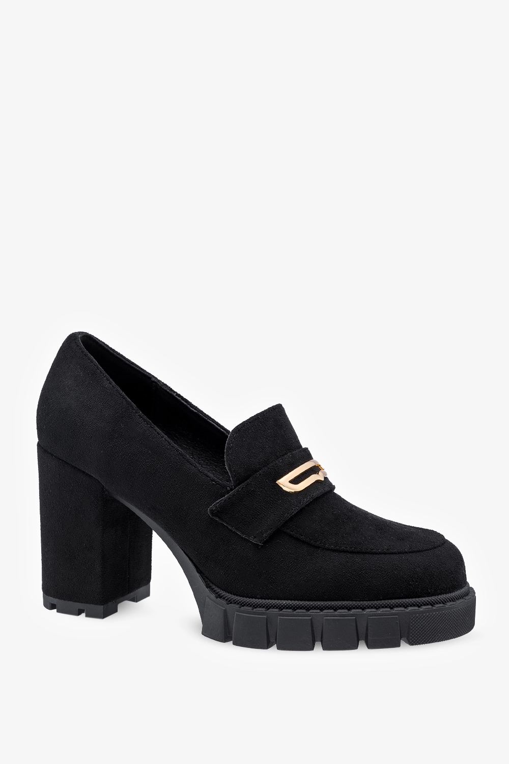 CZARNE MOKASYNY DAMSKIE PÓŁBUTY NA SŁUPKU ZE ZŁOTĄ OZDOBĄ MODNE r 39 Stan opakowania oryginalne