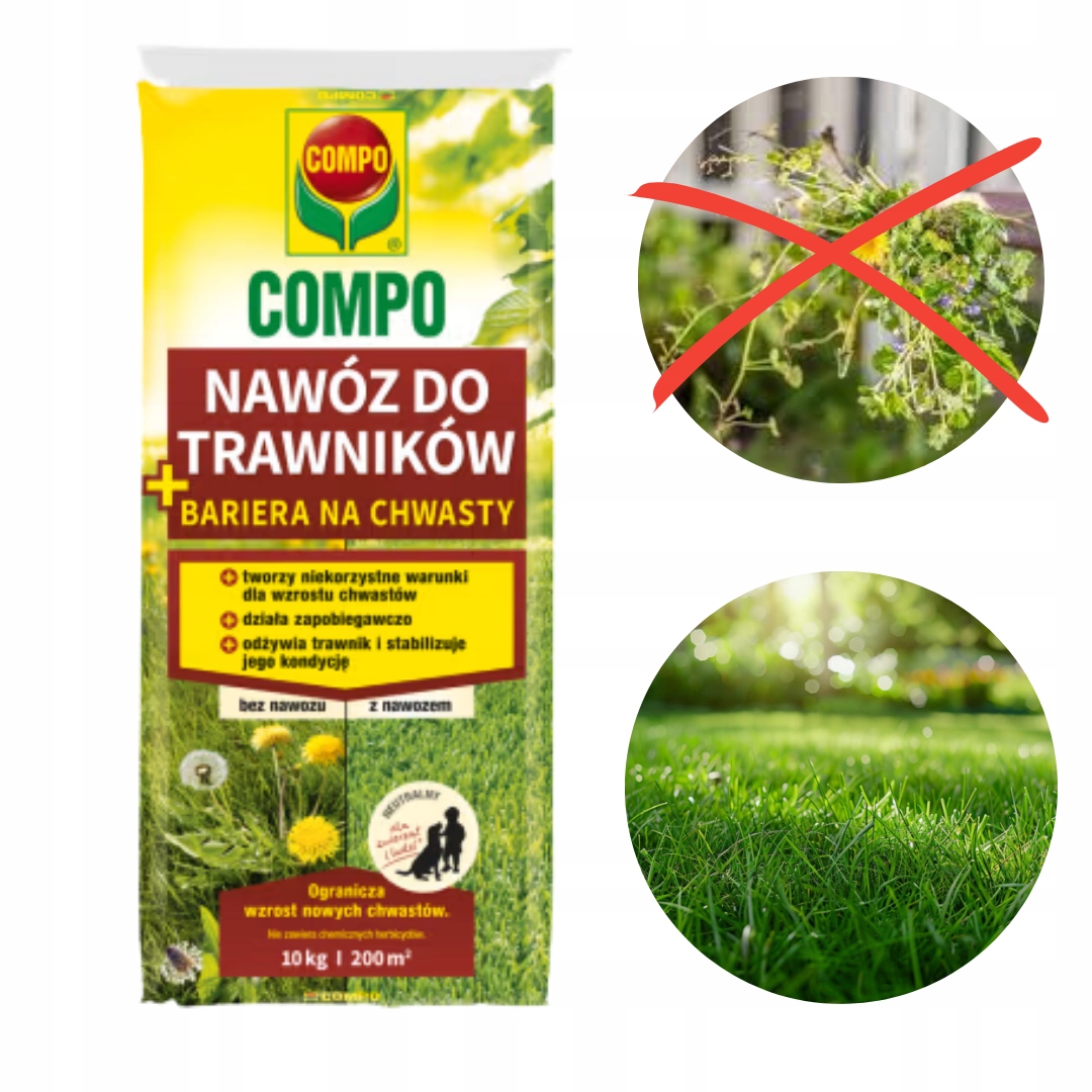 Nawóz do trawników z bariera na chwasty neutralny dla zwierząt Compo 10kg