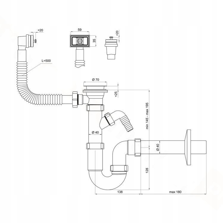 Syfon zlewozmywakowy rurowy pojedynczy z przelewem Rodzaj zlewozmywakowy