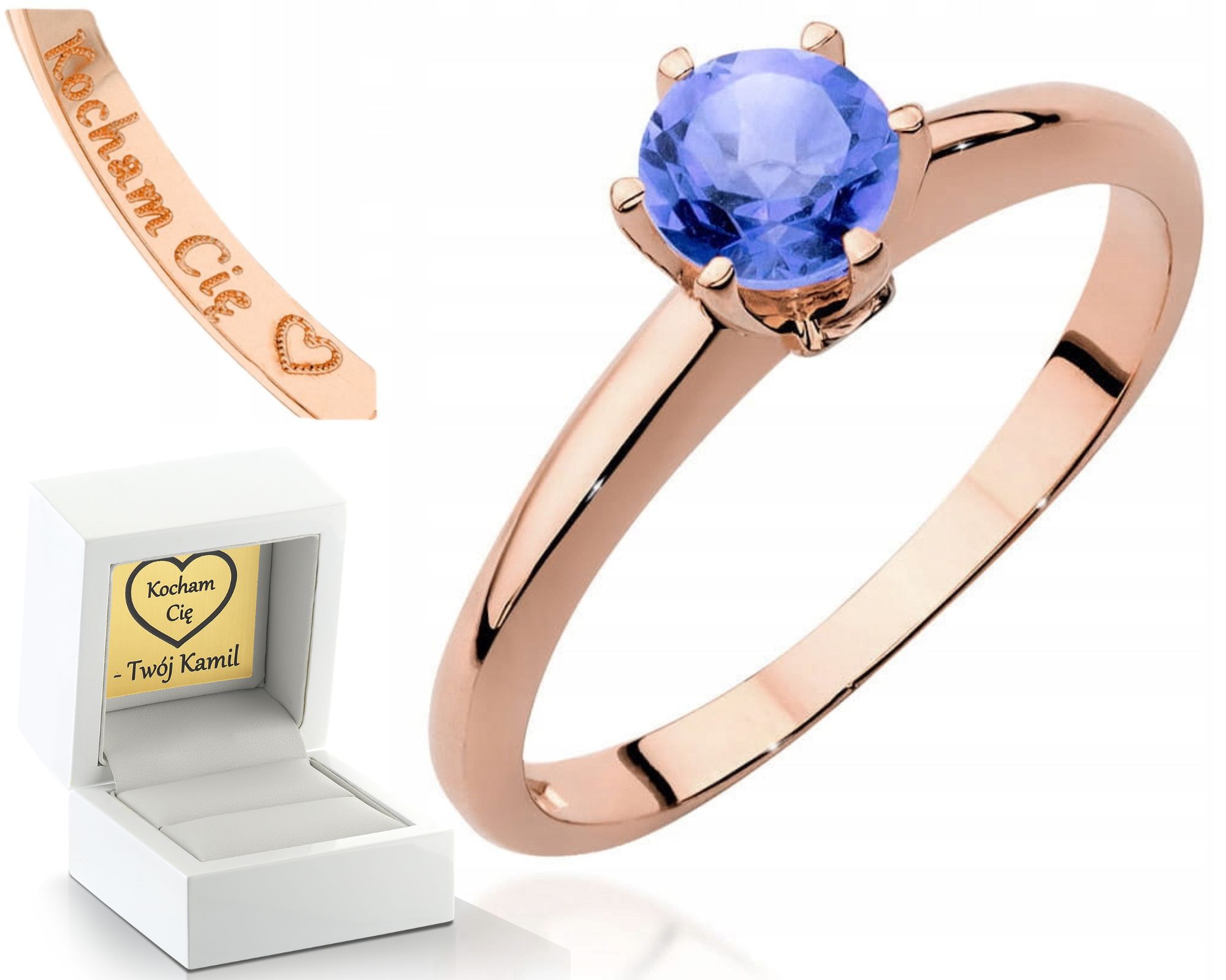 Růžové Zlato Prstýnek S Tanzanitem A Diamanty Gravírování 585 Dárek