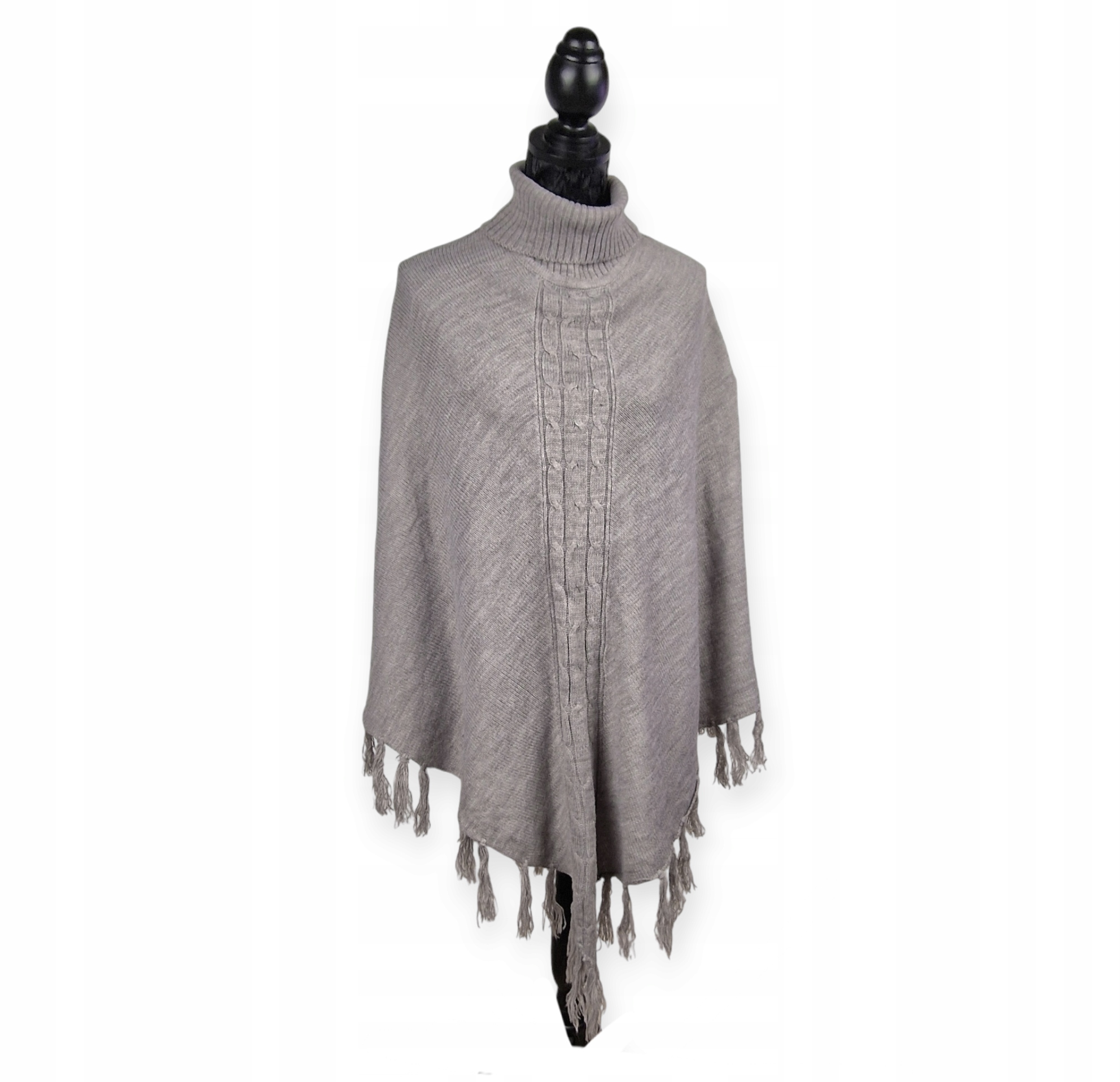 Ponczo szary golf z frędzlami
