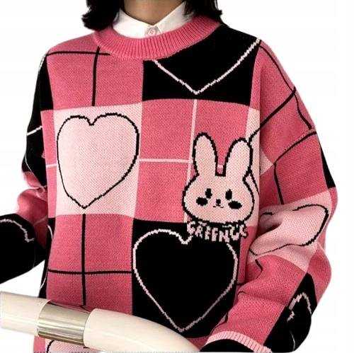 Dámský svetr Oversize ve tvaru srdce s motivem králíka Harajuku Kawaii XL
