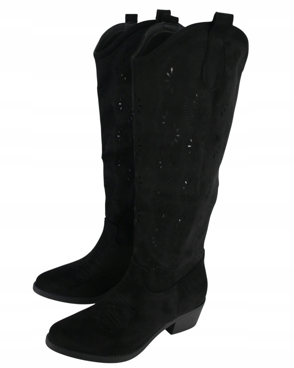 Dlouhé Kozačky Kovbojské Boty Semišové Černé Dámské Ažurové Boty 38