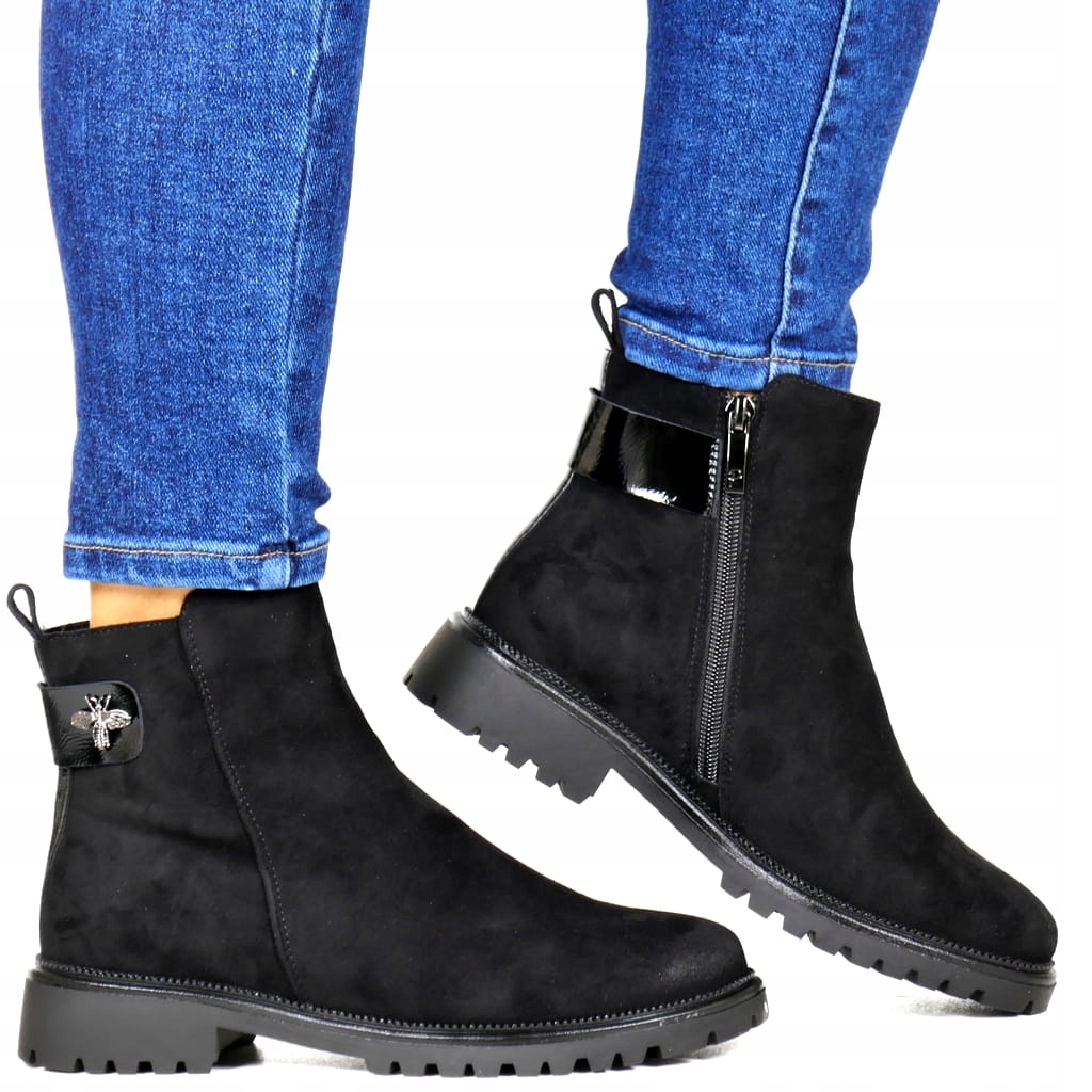 Černé Semišové Kotníkové Boty S Plochou Podrážkou, Zateplené Boty Na Podzim A Zimu
