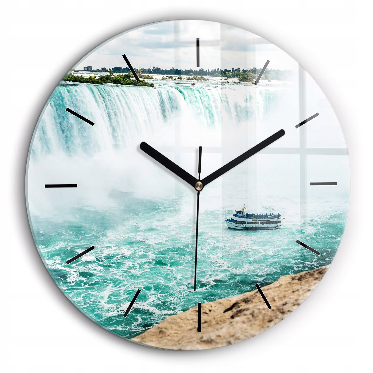 Moderní skleněný nástěnný hodinový stroj Loďka a Niagara, černé ručičky, průměr 60 cm