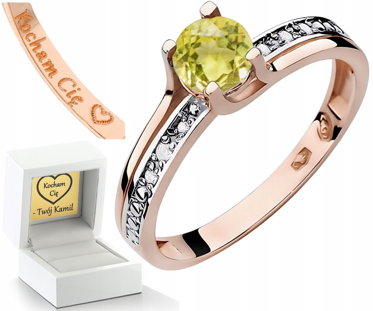 Růžové Zlato Prstýnek S Olivínem A Brilianty 585 Gravírování