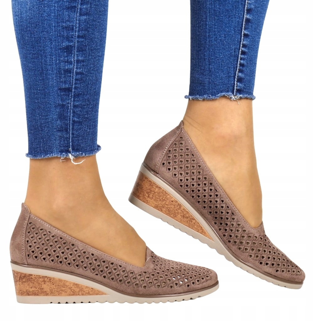 Półbuty Damskie Ażurowe Czółenka Na Koturnie Potocki Khaki Brązowe Zamszowe