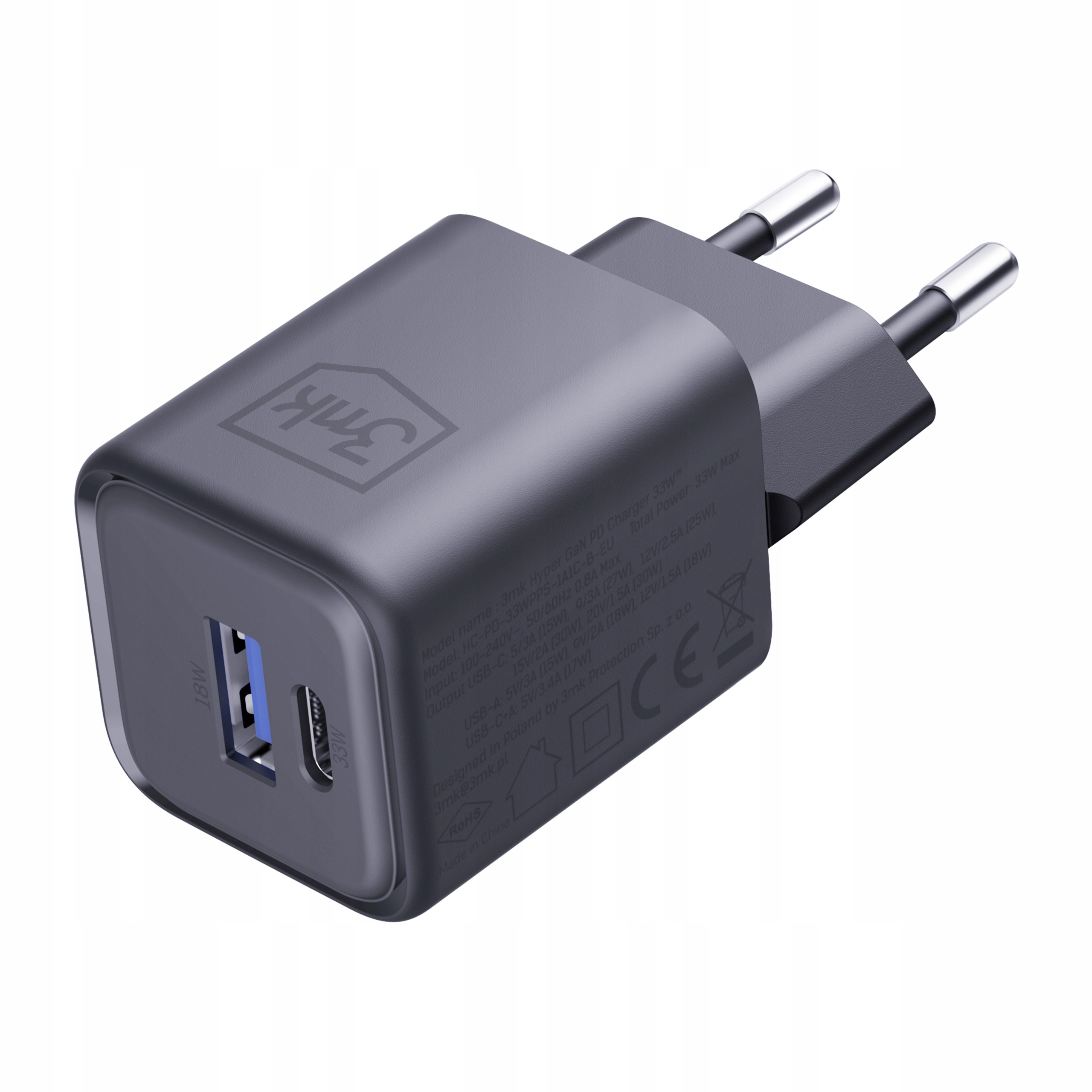3mk Černá síťová nabíječka Hyper Charger Pd 33W GaN QC4+ Usb A Usb C