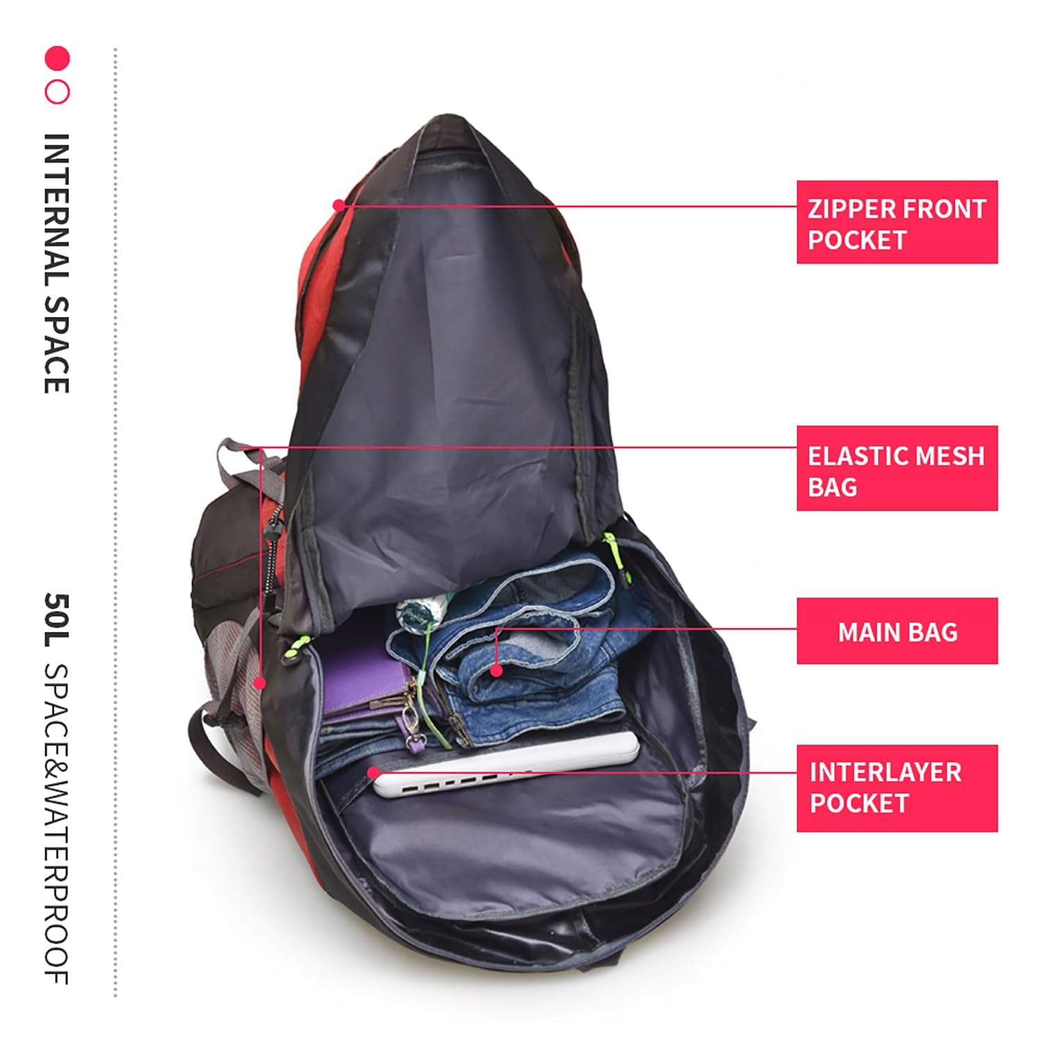 BSEASH 50L Lekki Wodoodporny Plecak Turystyczny Outdoor Czerwony — miniatura 3