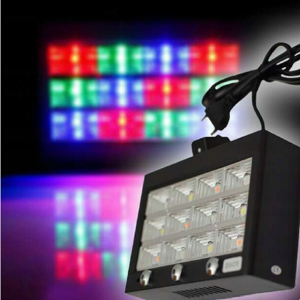 KOLOROFON STROBOSKOP DISCO RGB REFLEKTOR DYSKOTEKOWY 12LED CZUJNIK DŹWIĘKU Zasilanie sieciowe