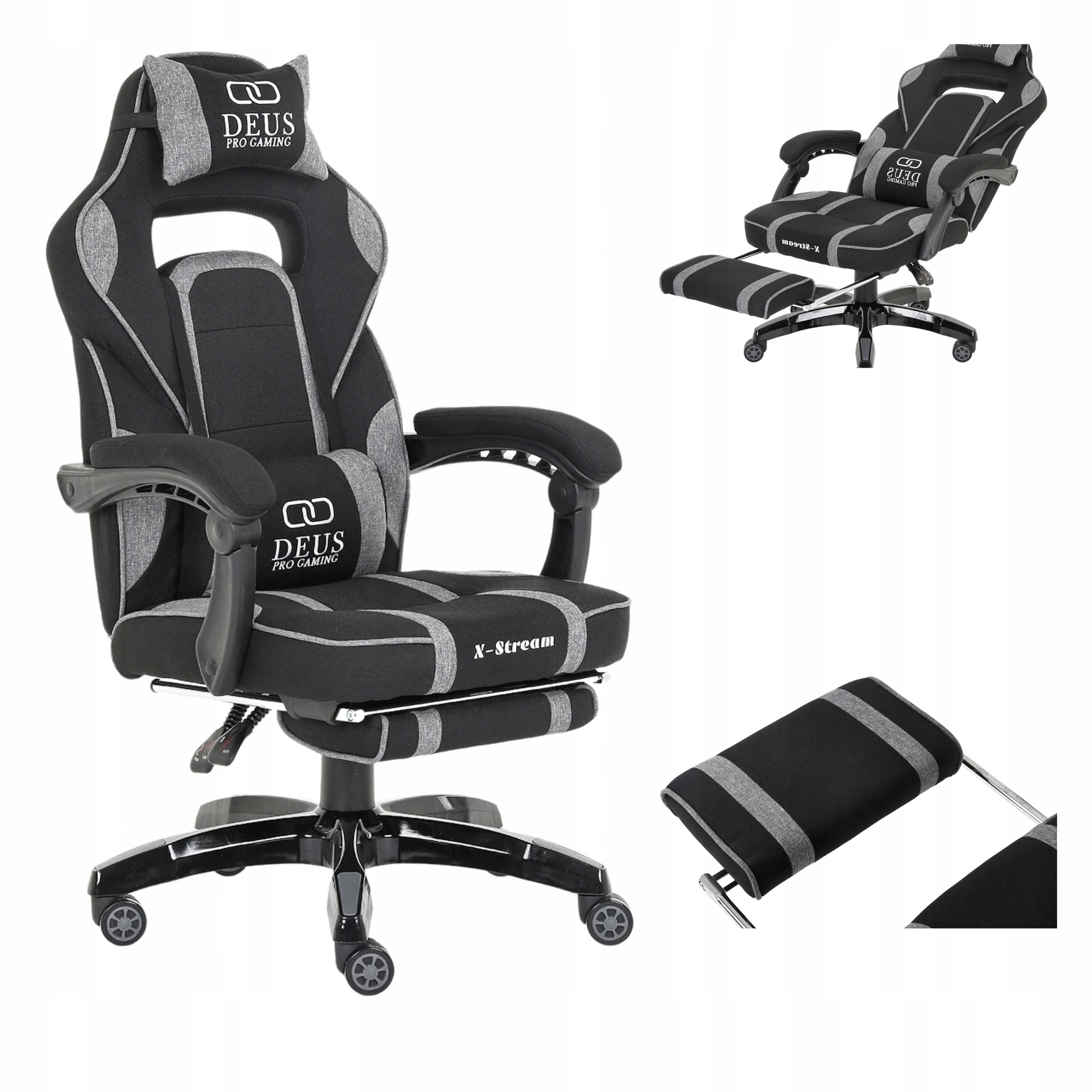 Herní křeslo je pohodlné, prodyšné, vyrobené z tkaniny s podnožkou a polštáře, šedá barva