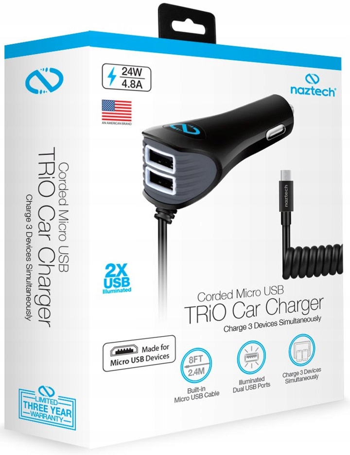 

Naztech N420 TRiO Car Charger micro Usb 5A +2xUSB