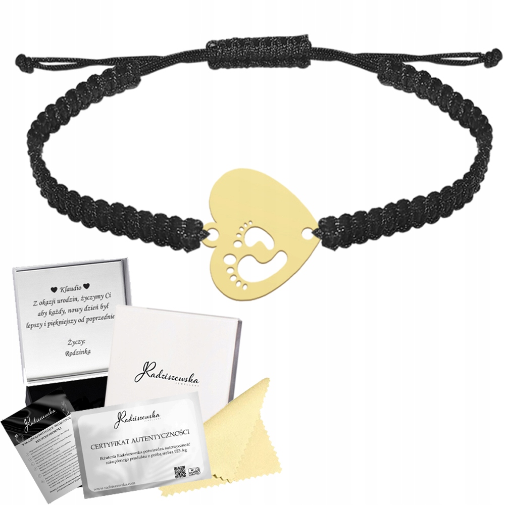 Zlatý náramek Jméno dítěte Srdce Nohy pro maminku Stříbro 925 Gravírování