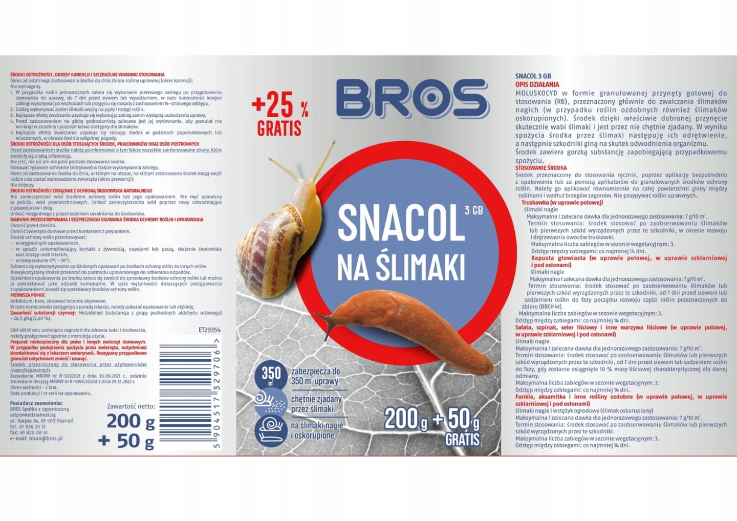 BROS Na Ślimaki Snacol Granulat Trutka Środek Na Ślimaki Skuteczny 200g+50g Forma granulat