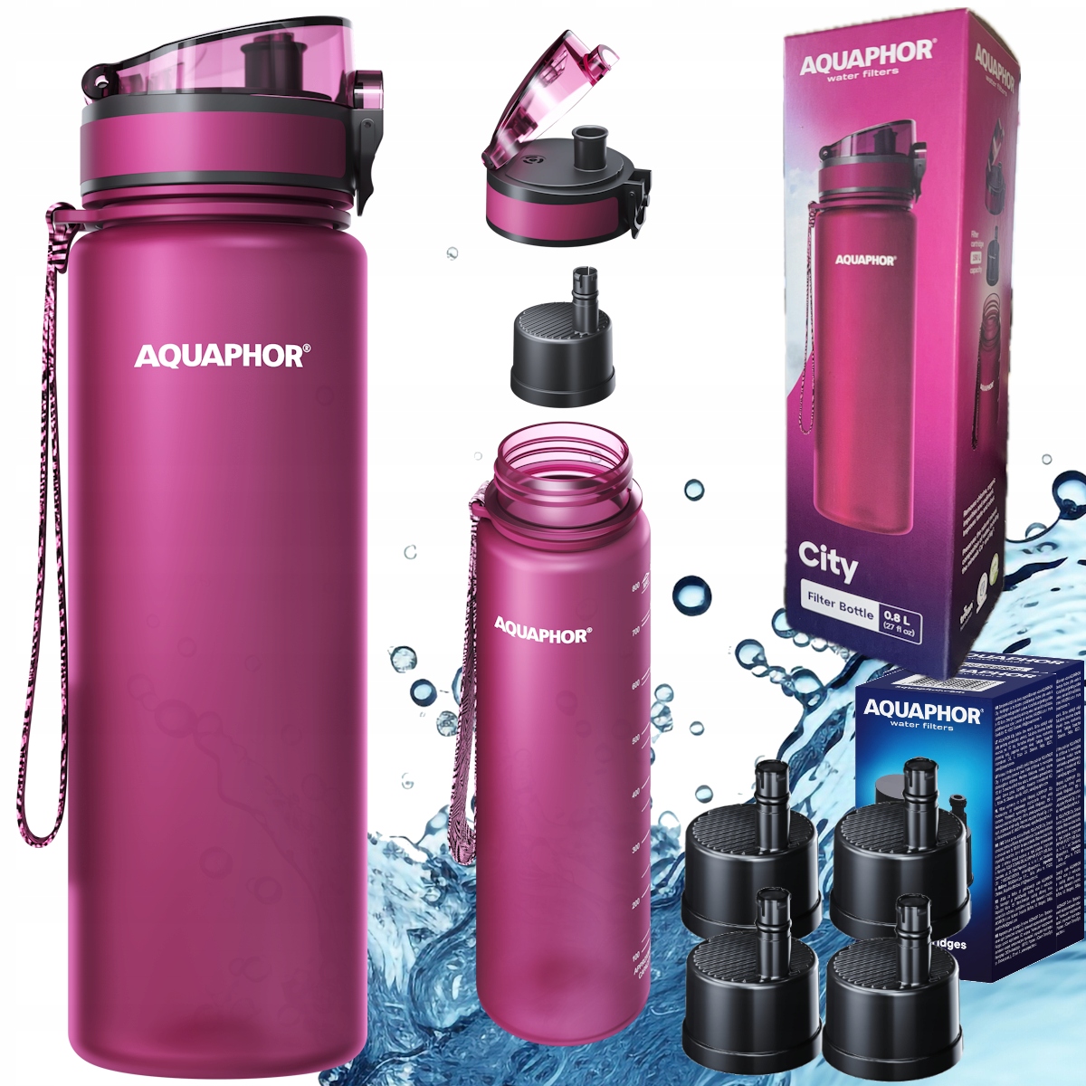 Zestaw 5x wkład filtrujący filtr Butelka Aquaphor City 0,8L bordowa