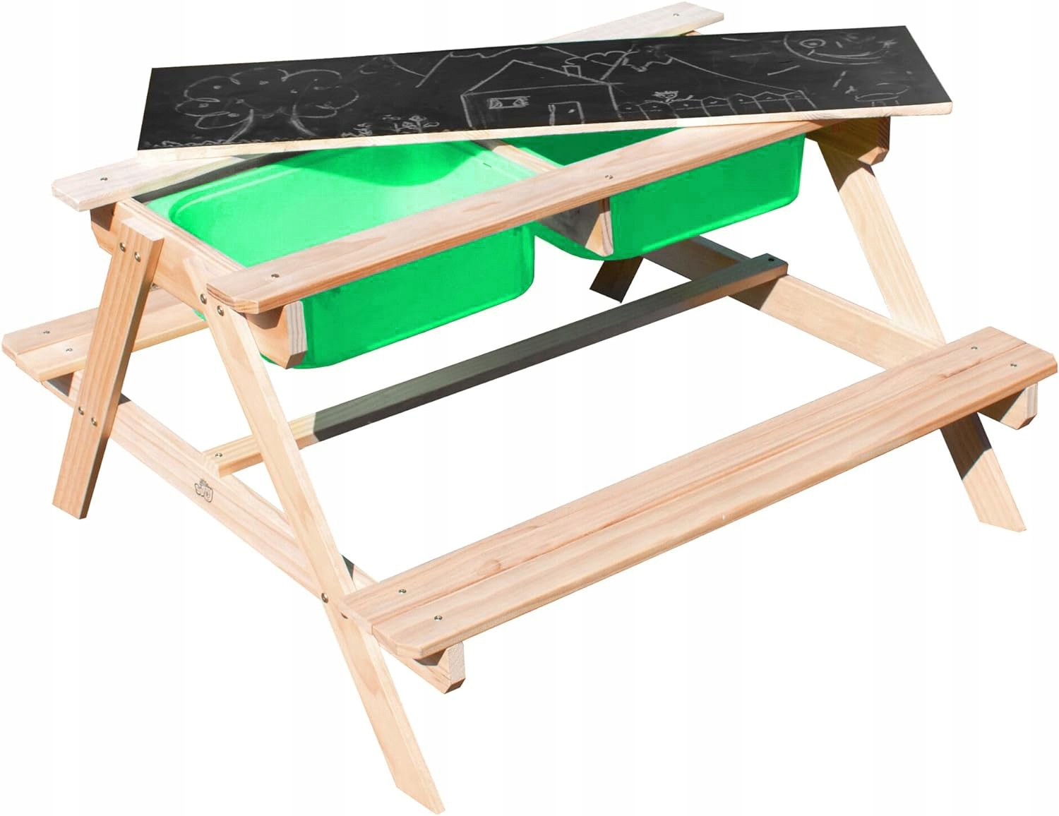 STÓŁ PIKNIKOWY DREWNIANY DLA DZIECI ŁAWKA TABLICA Z POJEMNIKAMI WODA PIASEK