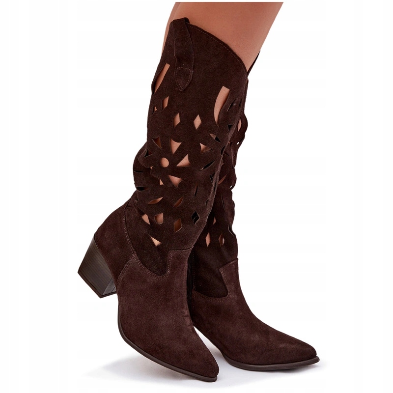 Ažurové Semišové Kozačky Na Podpatku Dámské Jarní Zazoo 3167 Čokoládové 38