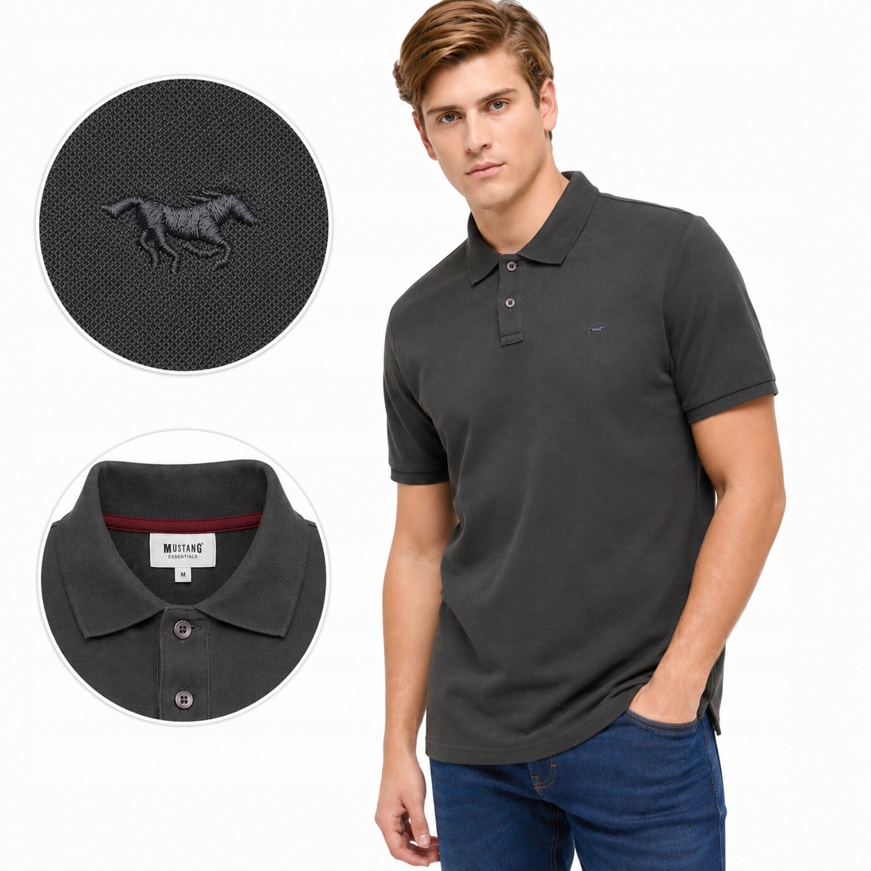 Pánská Polokošile Mustang Polokošile Černá Výšivka Krátký rukáv Palco vel. 4XL