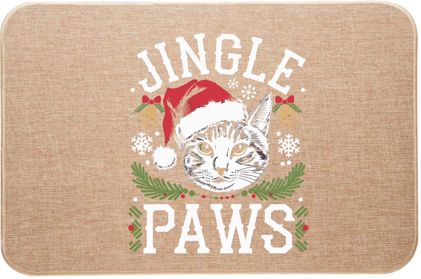 Vánoční lněná rohožka s barevným potiskem s kočičkou Jingle Paws