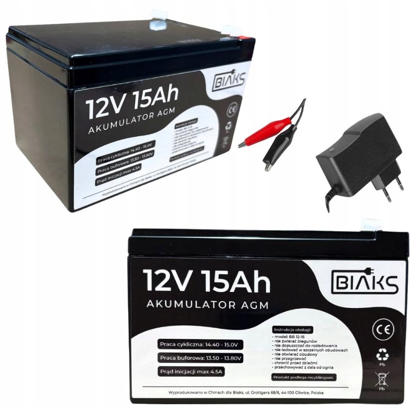 Akumulator Agm 12V 15Ah Biaks (wymiar 10Ah 12Ah14Ah) komplet ładowarka Pw
