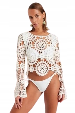 Trendyol Bílá Ažurová Halenka S Kulatými Vzory, Dlouhý Rukáv, 5AB