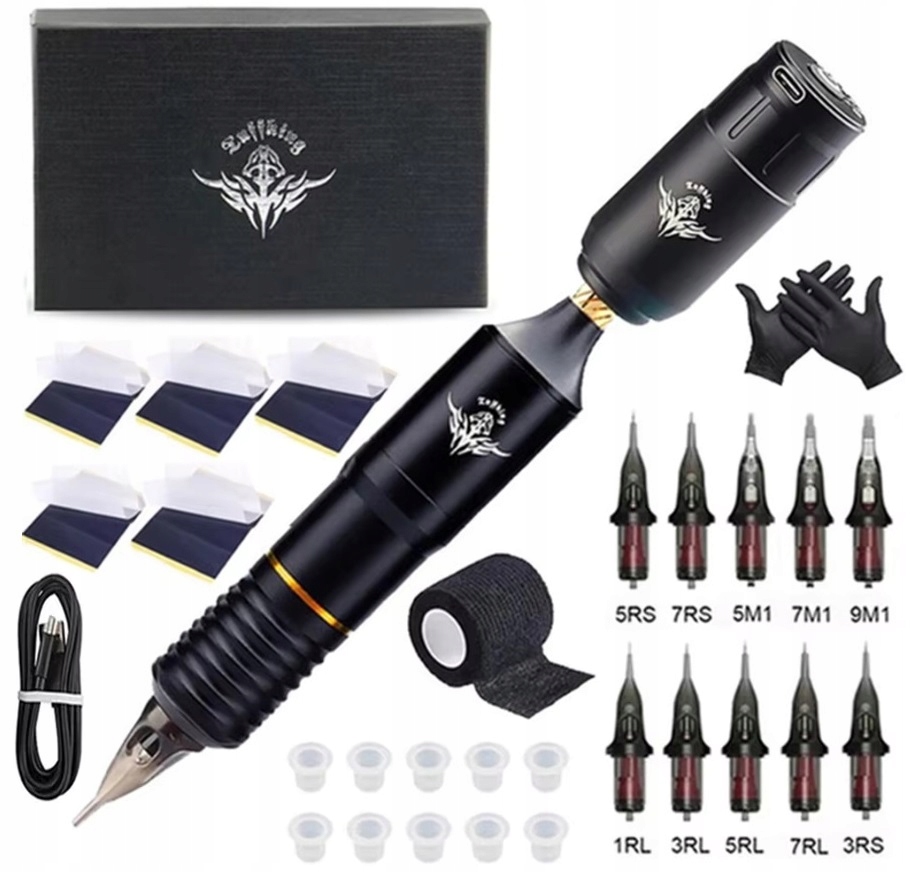 Zestaw do tatuażu przenośny bezprzewodowy i 10 igłami maszynka do tatuażu