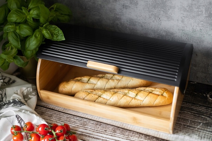 CHLEBAK NA CHLEB BUŁKI PIECZYWO METALOWY POJEMNIK CZARNY BAMBUS + SZPATUŁKA Marka inna