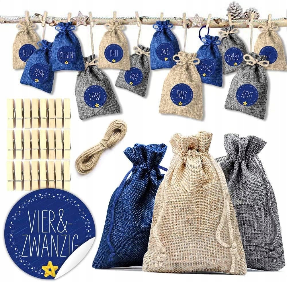 ZESTAW WORECZKÓW JUTOWYCH KALENDARZ ADWENTOWY 24SZT PREMIUM