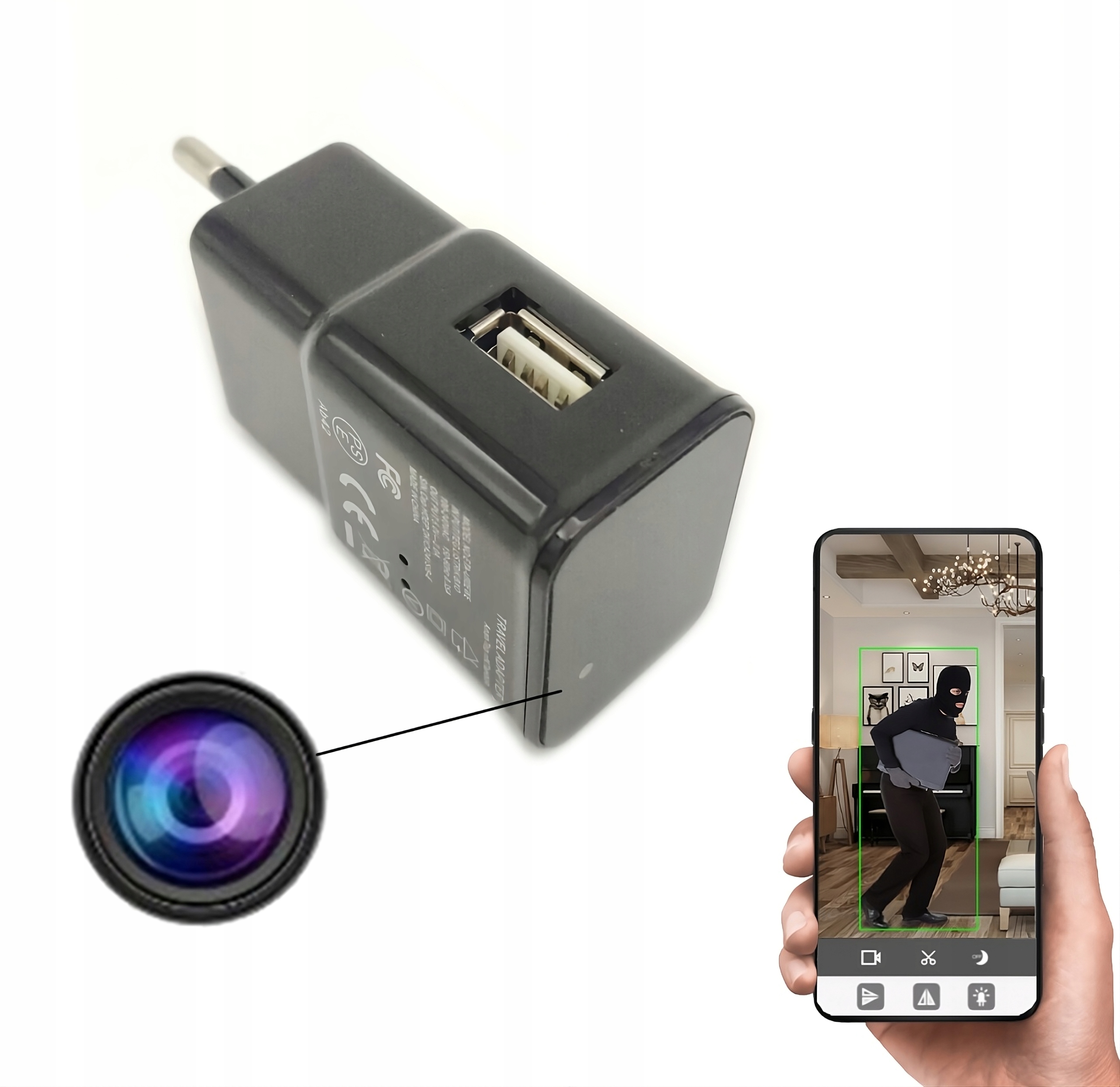 Skrytá Kamera Napájecí Zdroj Wifi Živý Náhled Detekce Aplikace