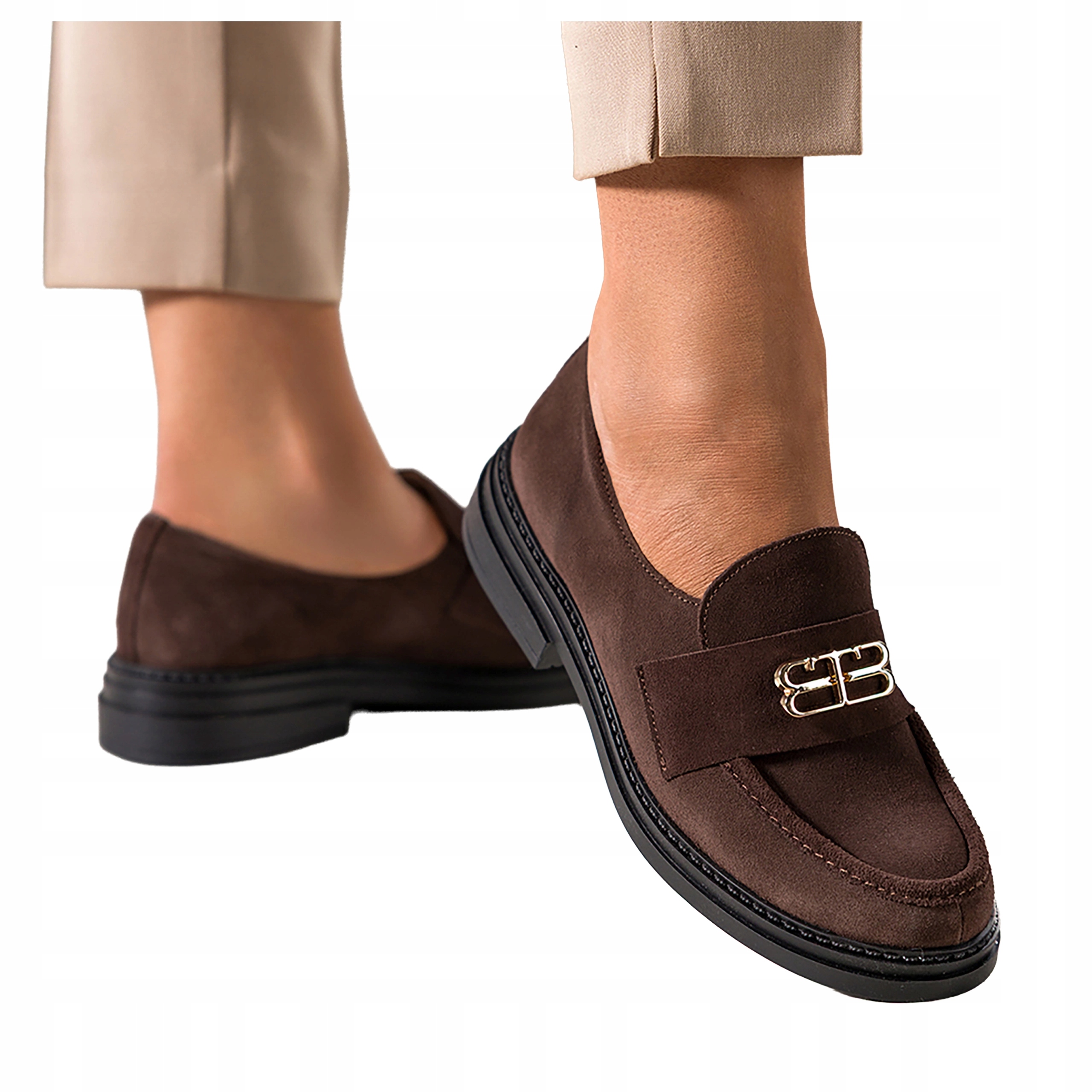 Čokoládové dámské Mokasíny se zlatou ozdobou Semišové kožené Polské vel. 37