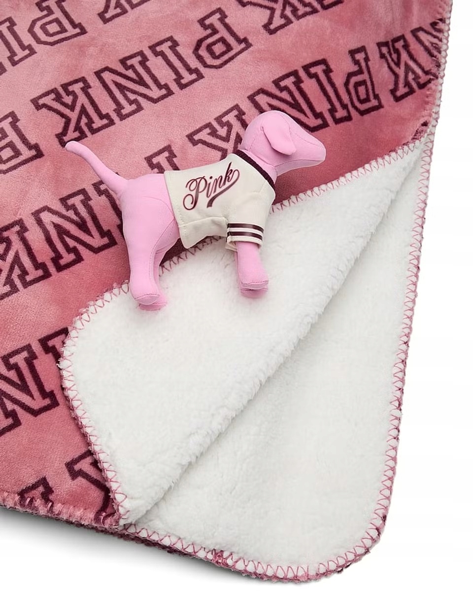 Měkká deka s kožíškem Victoria's Secret Pink růžová s logem 127 x 152 cm