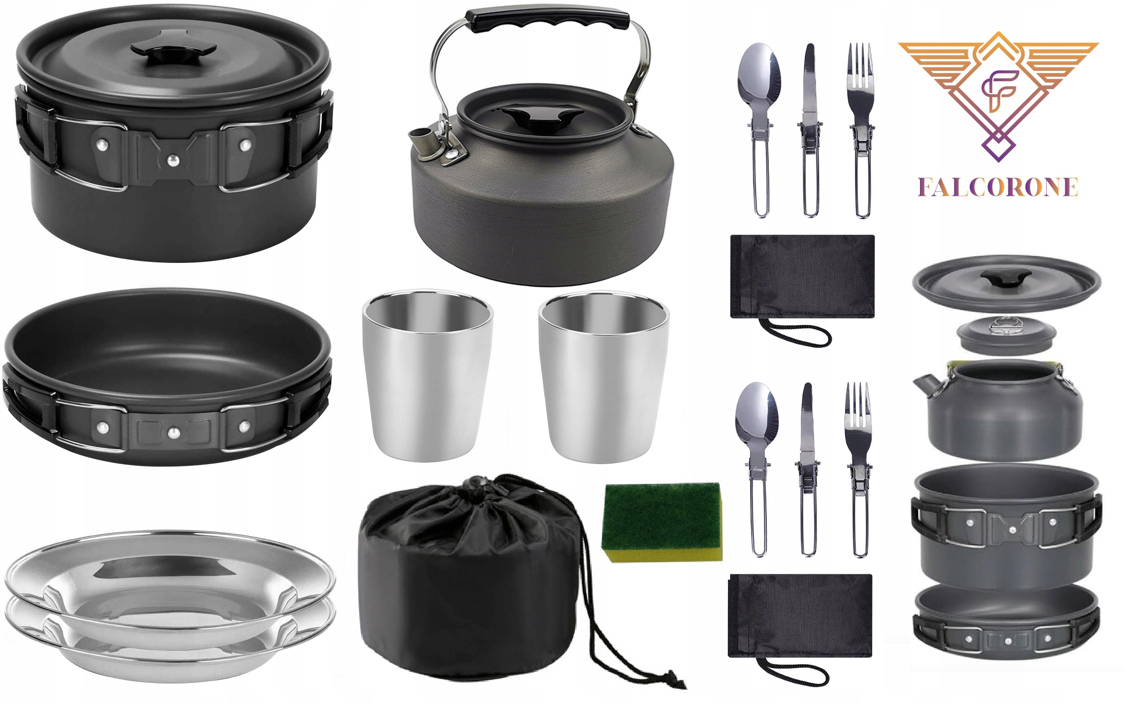Sada kempingového nádobí na vaření, nádobí z nerezová ocel