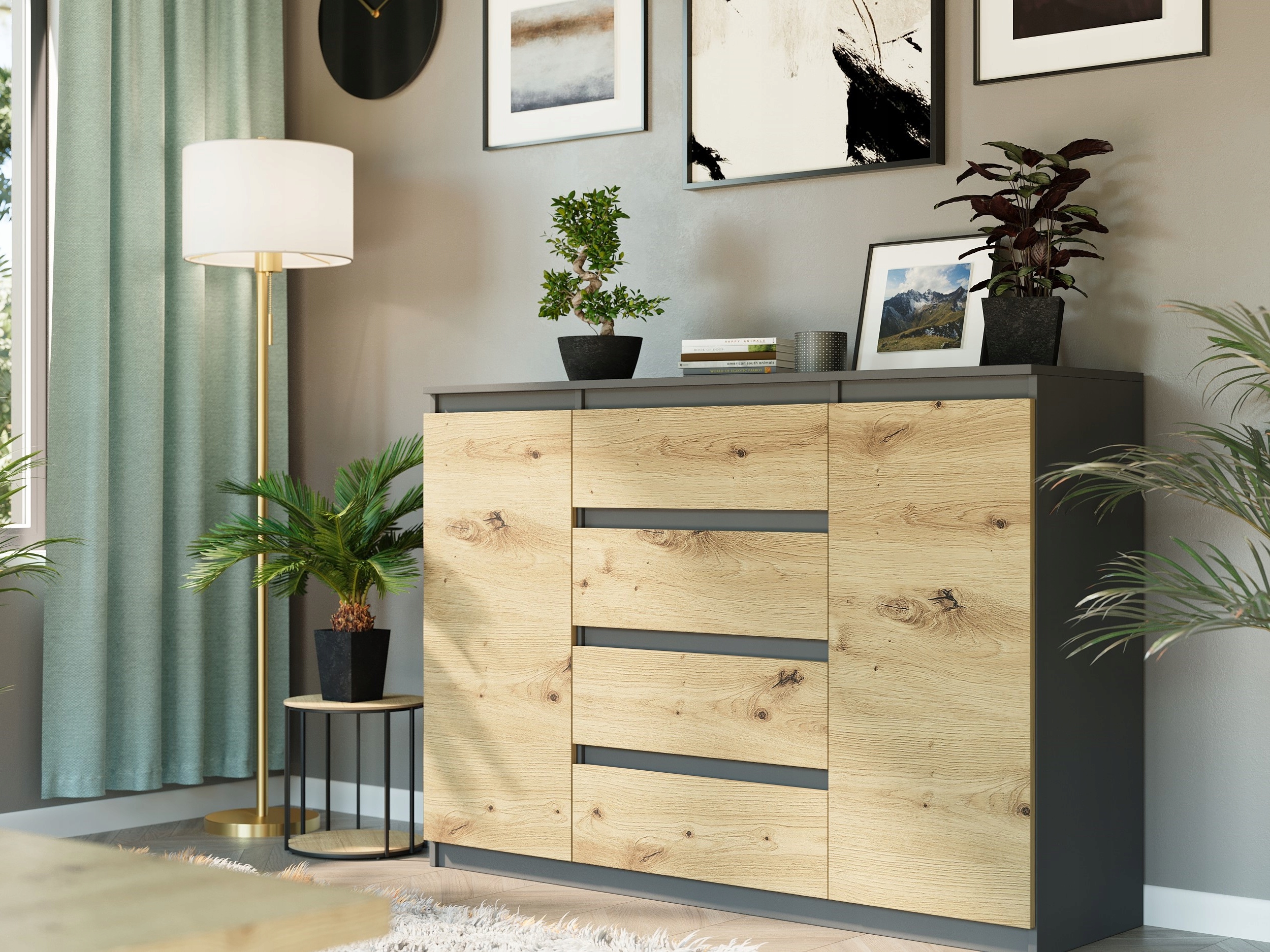 Modna KOMODA 160 SZAFKA 4 SZ. 3 PÓŁKI R-160-S4 ANTRACYT MIX ARTISAN