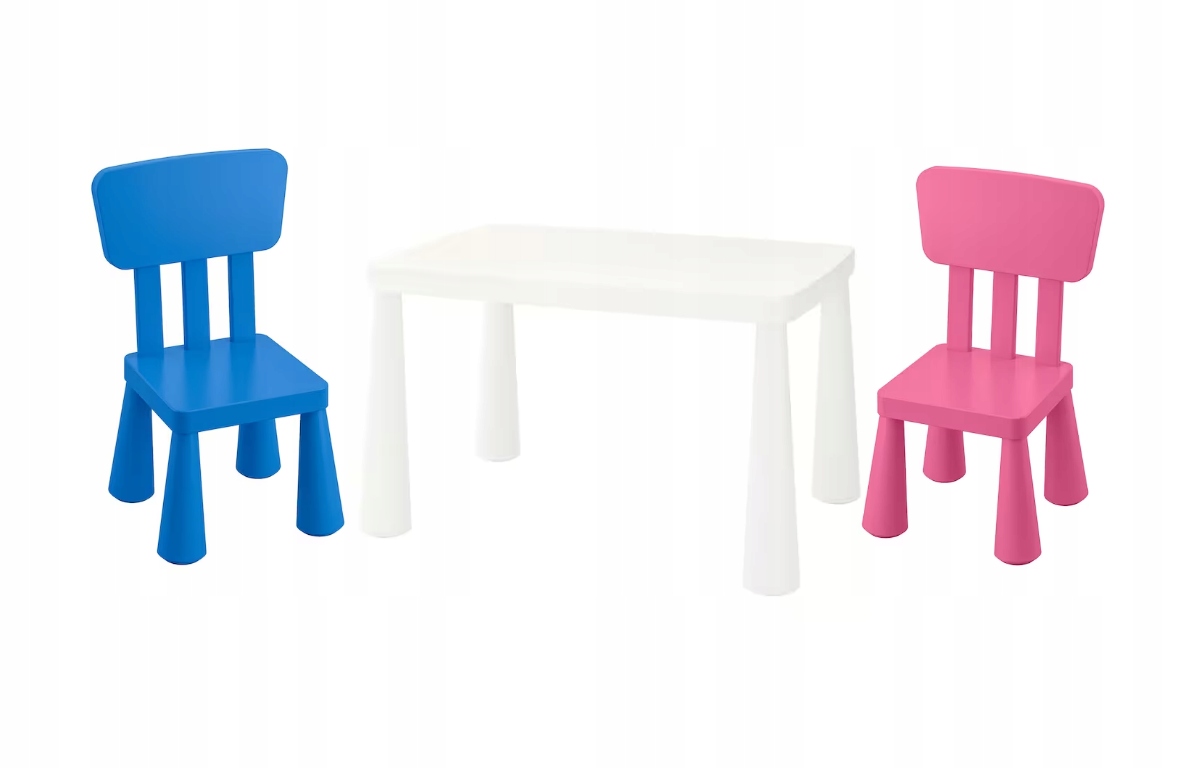 IKEA Zestaw MAMMUT stolik 77x55 cm biały + 2 krzesełka niebieski, różowy