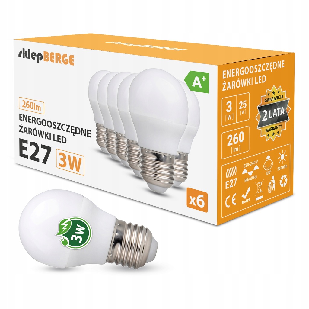 

6x Żarówka Led E27 G45 3W=25W 260lm 3 Barwy Berge