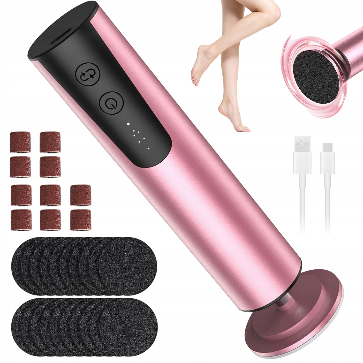 2V1 Elektrický Usb Pedikúrní Systém 6 Rychlostí Hliníkový Korpus Růžový 1200MAH
