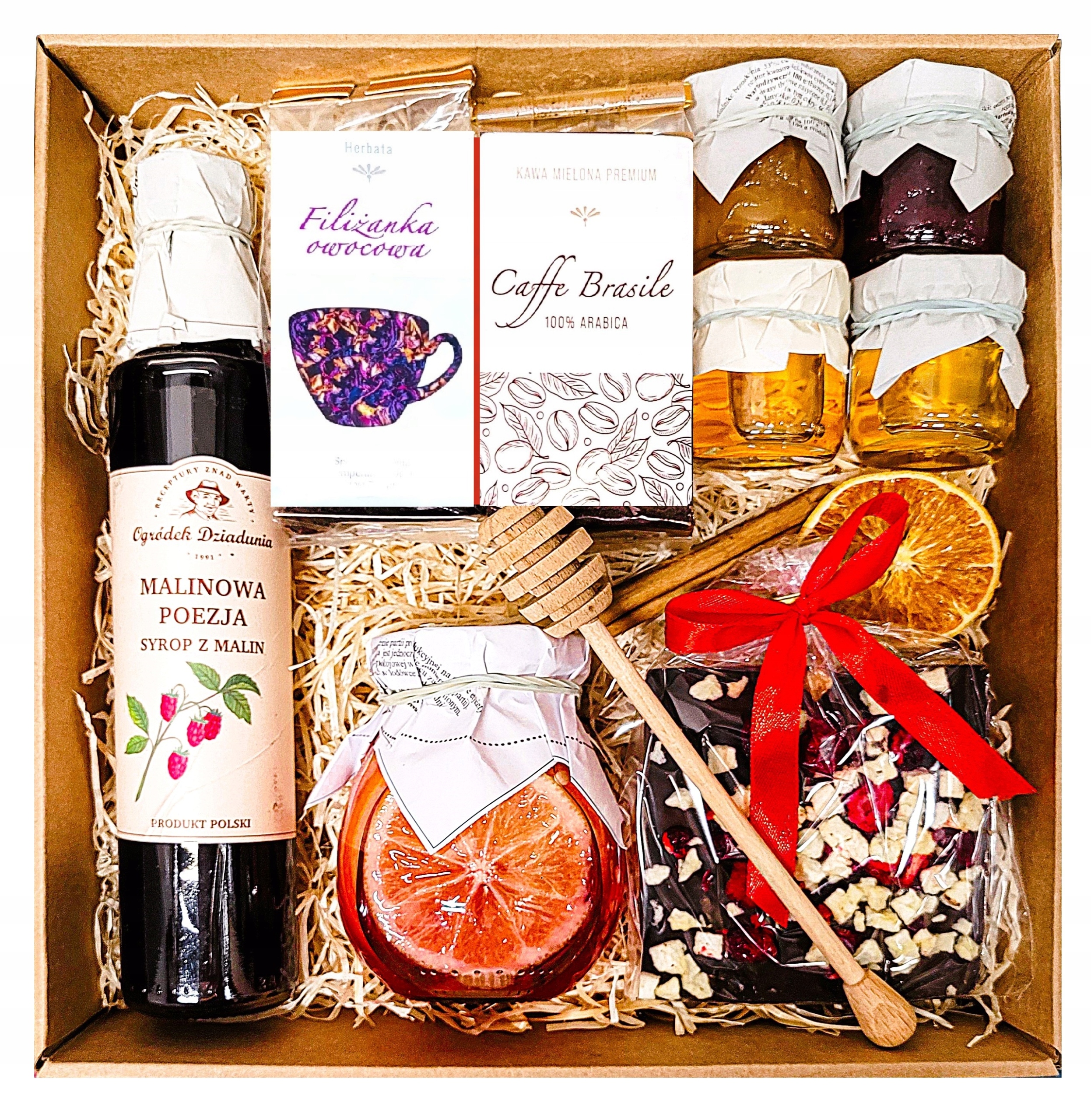 Levně Dárkový Koš Dárek Dárkové Balení Čaje Káva Med Čokoláda Malinový Sirup