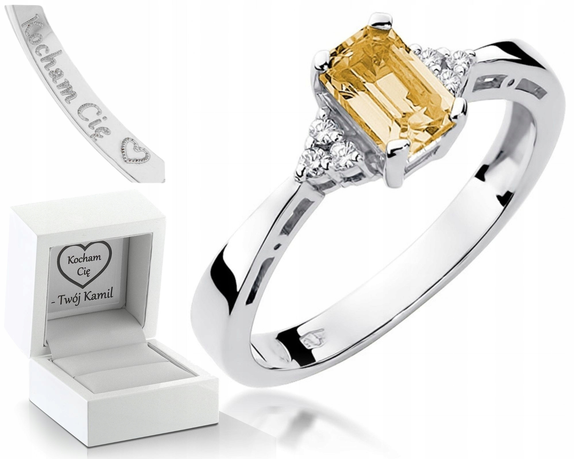 Prstýnek Citronové Brilianty Bílé Zlato 585 Gravírování