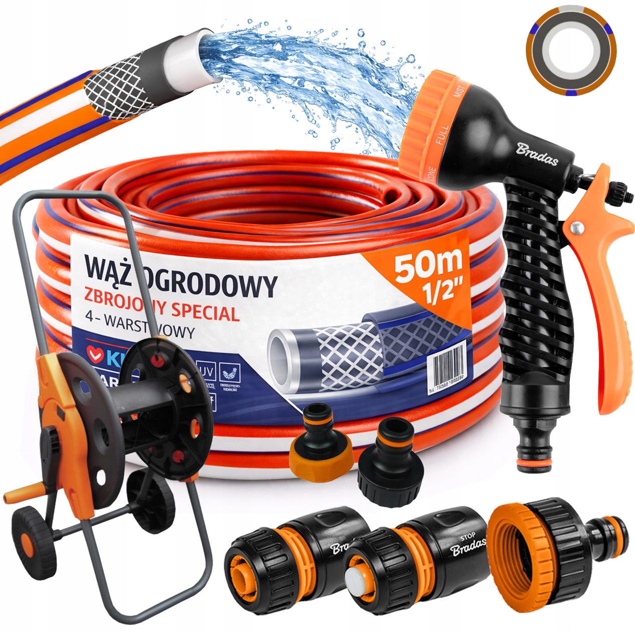 Hadice 1/2" 50 m 4 Vrstvy Special Pistolet Vozík Sada Bradas