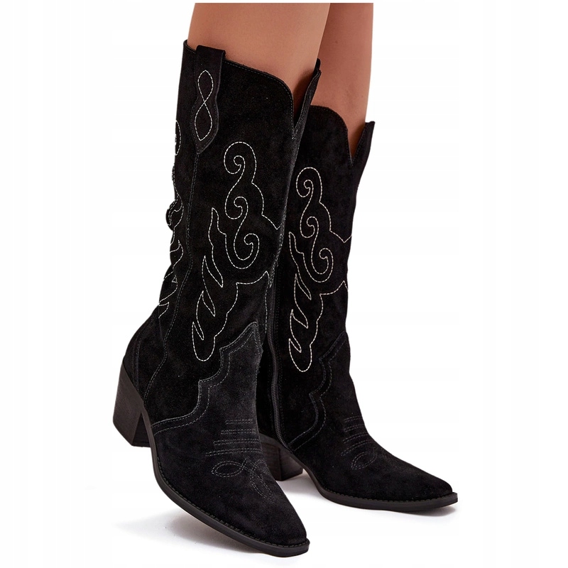Kozačky Kovbojské Boty Dámské Semišové Podpatek Zasouvací Prošívání Černé 37