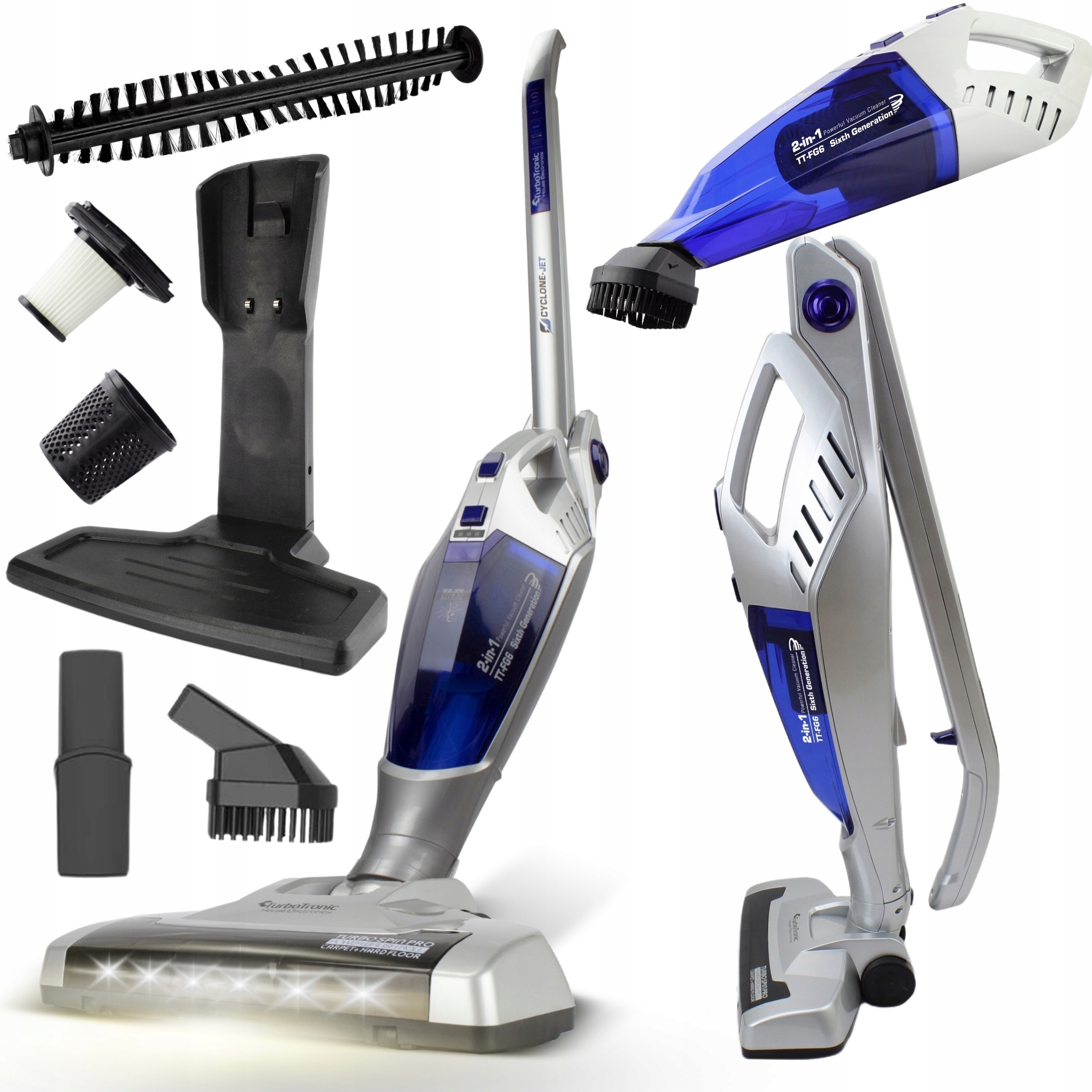 Odkurzacz bezprzewodowy TurboTronic 2w1 pionowy szczotka 22.2v Srebrny, Tur