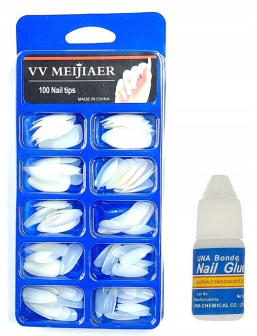 Sztuczne paznokcie Migdałki Mleczne 100 szt Tipsy Klej Kasetka