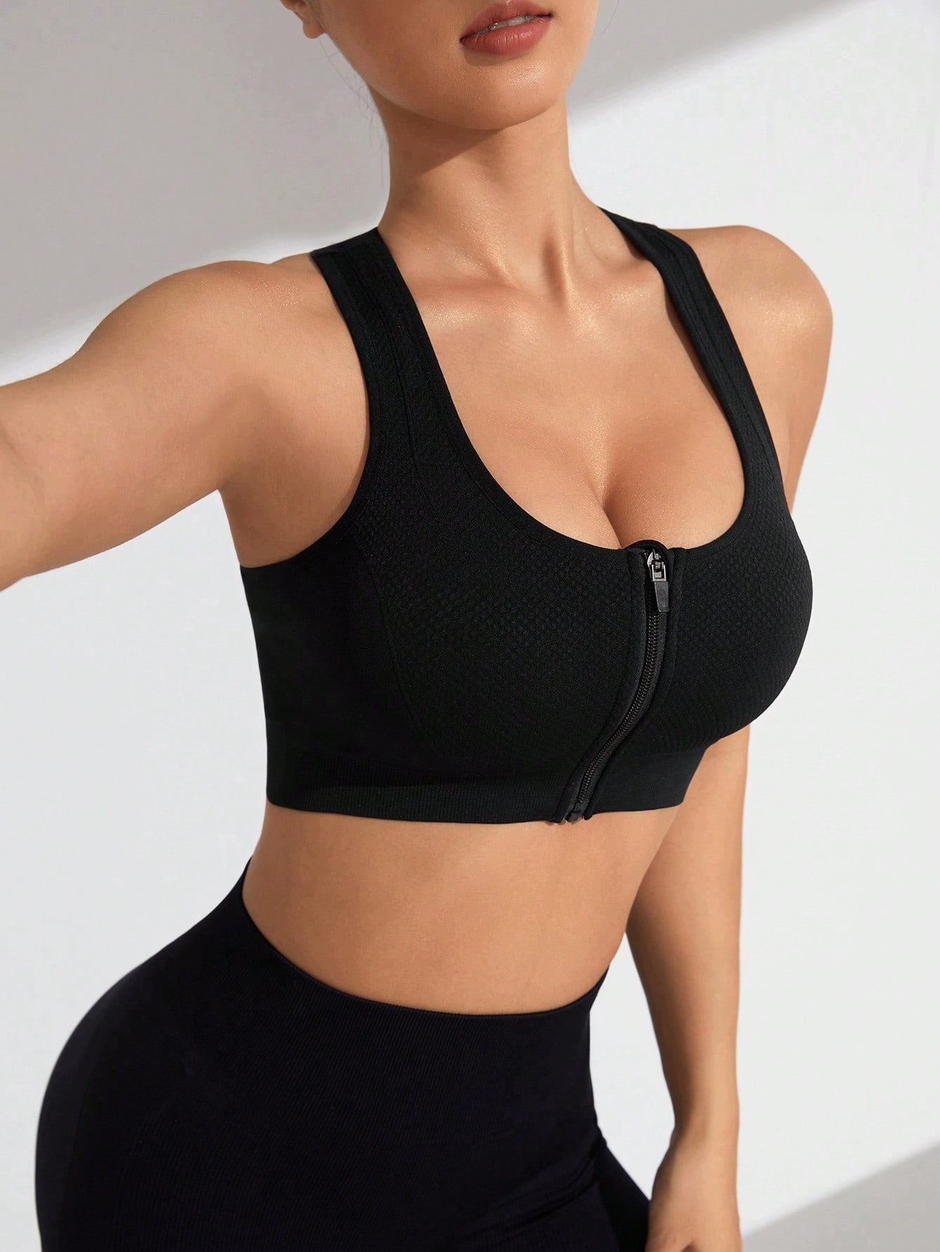 Shein Czarny Bezszwowy Sportowy Top Zapięcie Z Przodu M 2BA