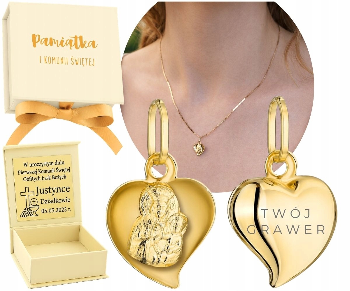 Zlatý medailonek Panna Maria Čenstochovská V Srdíčku 585 Dárek K Svatému Přijímání
